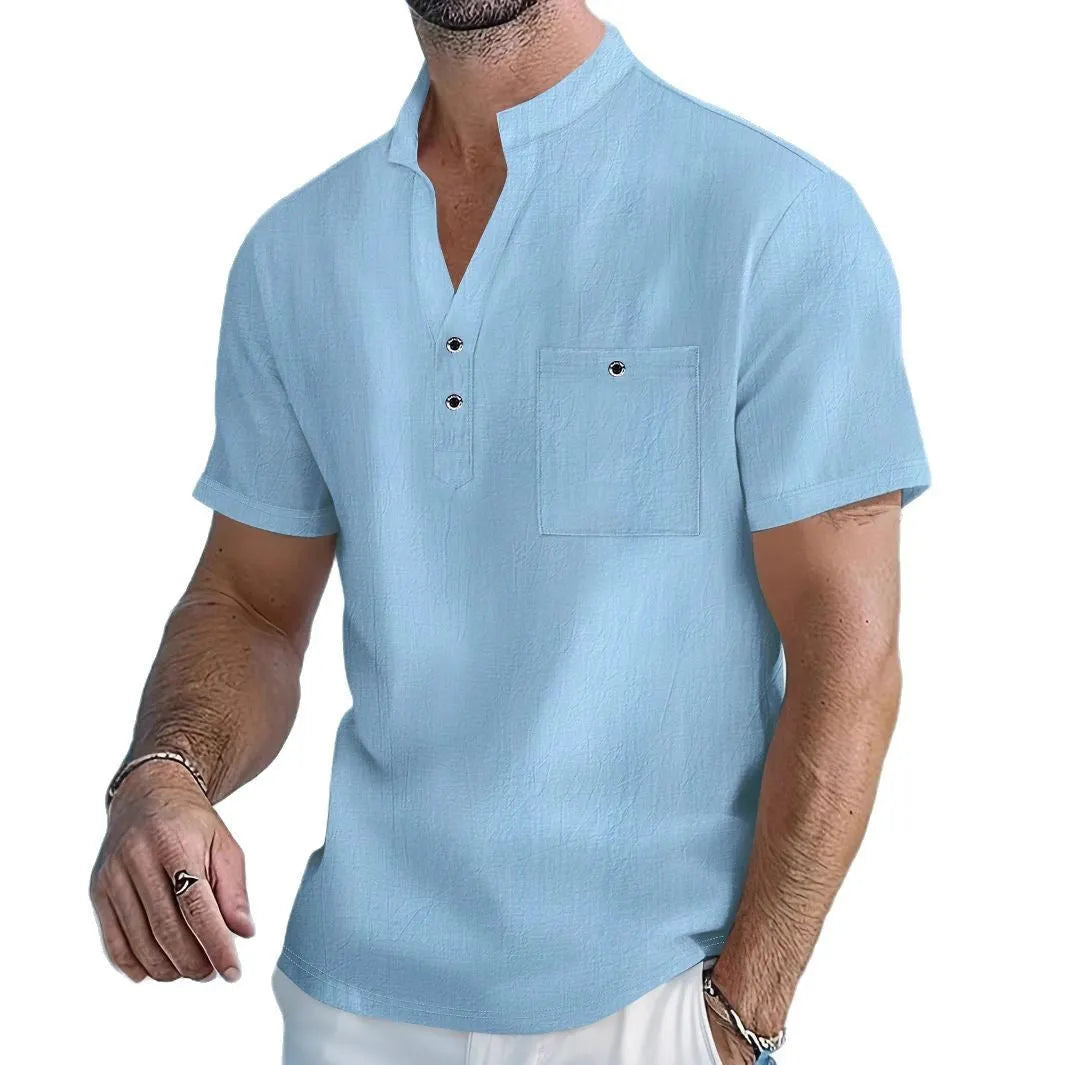 Stand collar linen T-shirt for men in loose pullover style with short sleeves, showing hemp-blended fabric texture