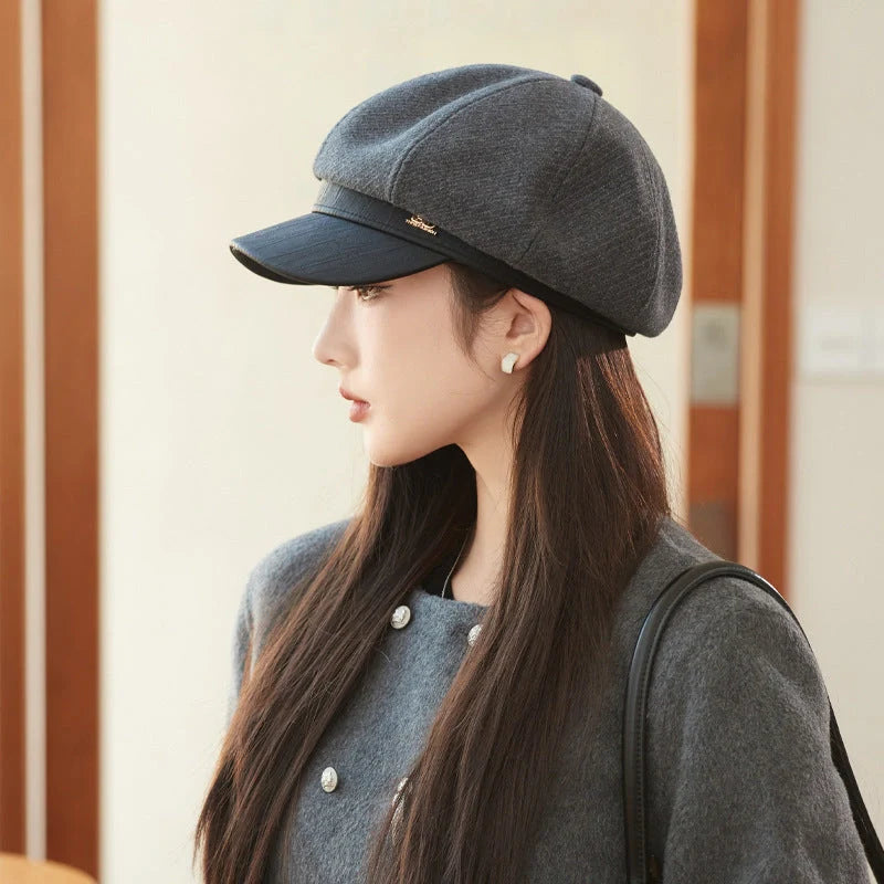 Stylish octagonal leather cap in black, gray, caramel, coffee, and milky white colors with breathable and windproof design