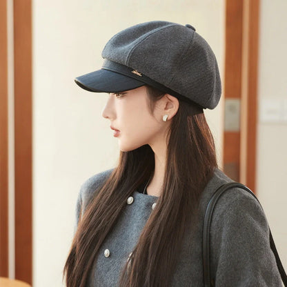 Stylish octagonal leather cap in black, gray, caramel, coffee, and milky white colors with breathable and windproof design