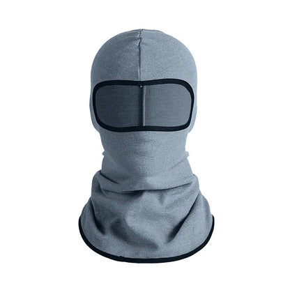 Motorcycle head cover with gloves in patterned grey street style for autumn winter travel