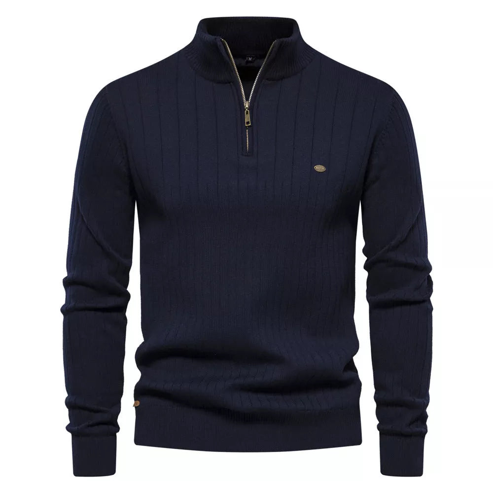 Men's stand collar half-zipper knit sweater in slim fit, available in multiple colors