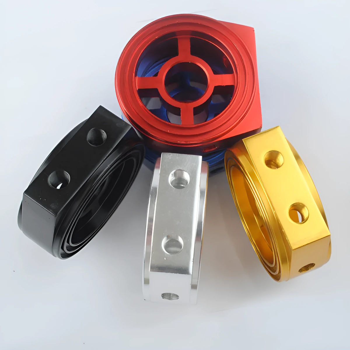 Universal aluminium alloy oil pressure gauge adapter in red, blue, black, gold, and silver colour options