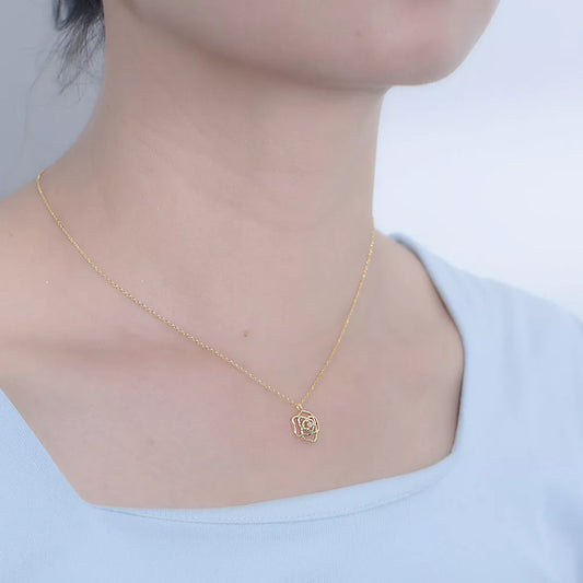 French Retro Hollow Rose Sterling Silver Necklace in gold and white finishes