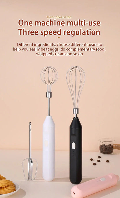 Black hand-held electric whisk with stainless steel beaters and digital speed display