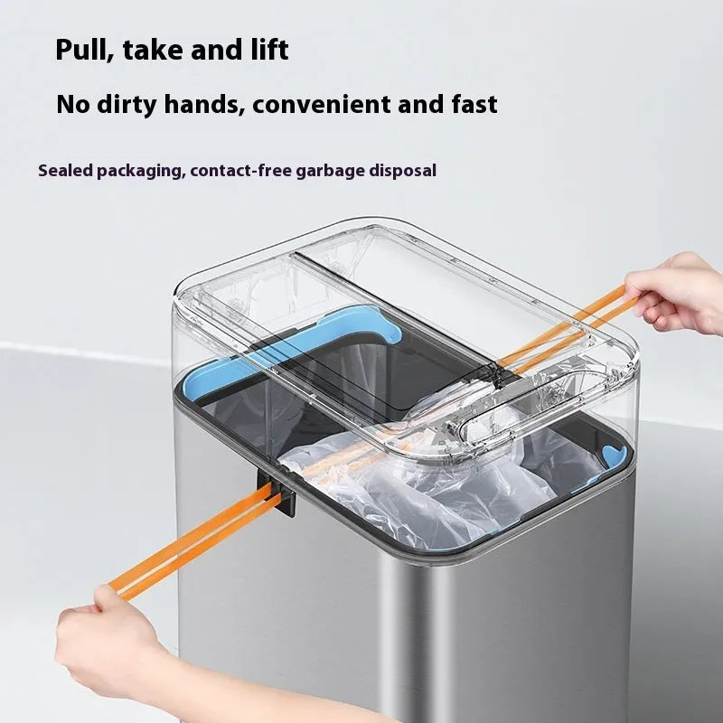 Inductive ashbin smart trash can with automatic lid, stainless steel construction, and square bucket shape