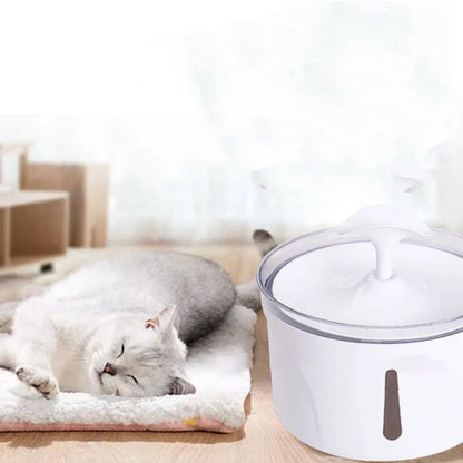 Automatic pet drinking fountain with stainless steel construction, filtration system, and low-water level indicator