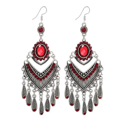 Purple long fringe drop earrings with crystals on a retro ethnic style alloy setting.