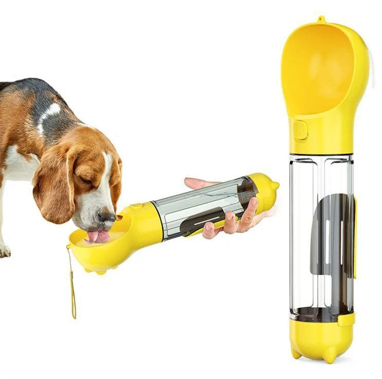 Aquamarine portable dog water bottle with attached poop bag dispenser and treat holder compartment