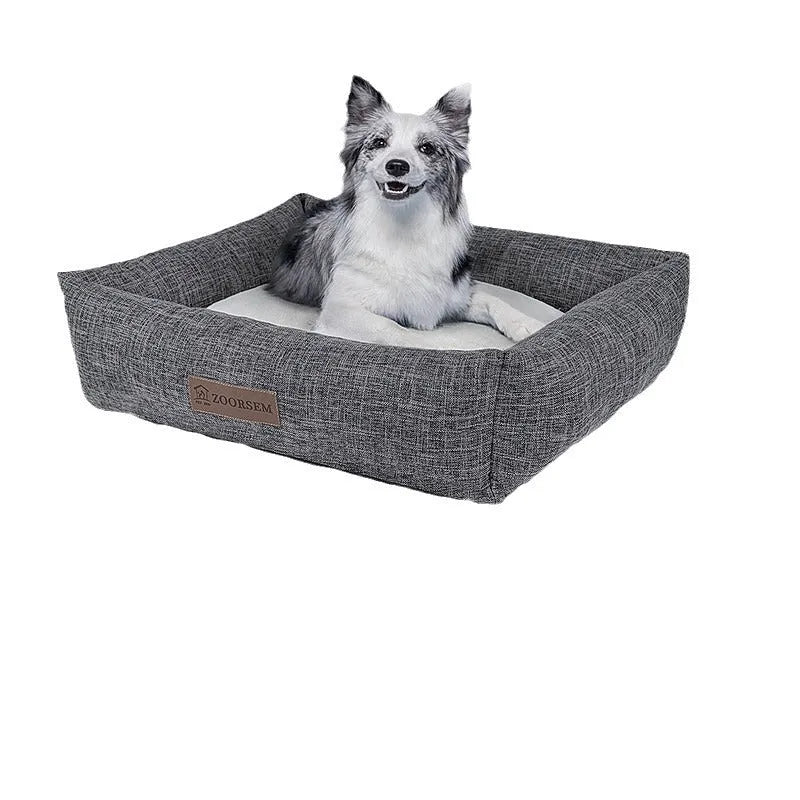 Linen fabric pet bed for dogs square-shaped dog mat washable mattress soft cushion in four sizes small 50x40cm medium 60x50cm large 70x55cm extra large 80x60cm available in grey brown or plaid patterns for autumn winter warmth