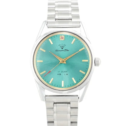 Men's green dial quartz watch with alloy case showing strap options