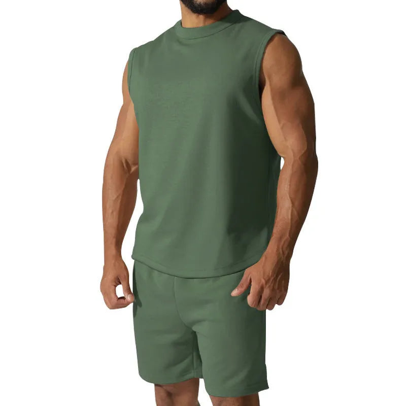 Men's sleeveless cotton blend sports suit set with shorts in multiple solid colour options