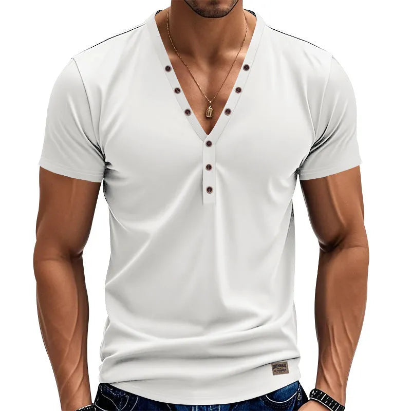 Men's loose V-neck pullover top with button detail in a solid colour.
