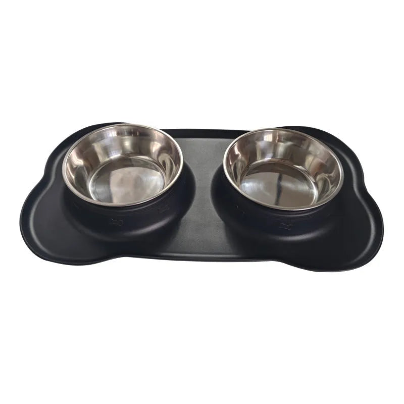 Large silver grey silicone dual compartment dog bowl with stainless steel base for separating food types