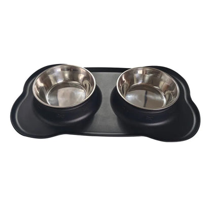 Large silver grey silicone dual compartment dog bowl with stainless steel base for separating food types