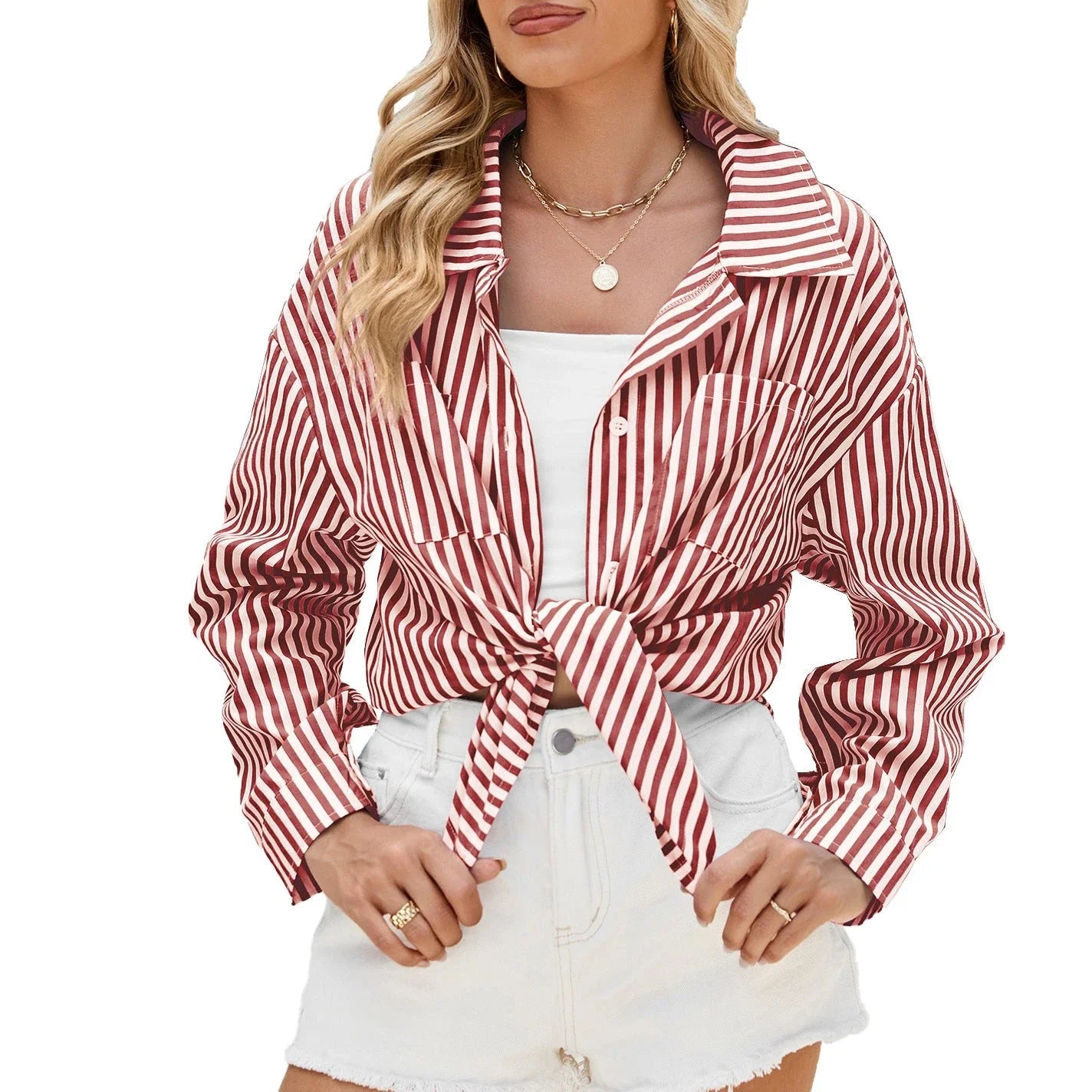 Trendy striped long sleeve blouse with pockets, available in various color options for casual, comfortable, and chic styling