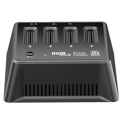 Aluminium M.2 SSD mounting base with heatsink fins, shown next to an M.2 drive and manual.