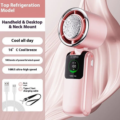 Blue USB rechargeable handheld folding fan with a neck strap and speed control buttons