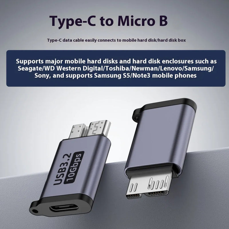 Micro USB to USB-C and USB-A adapter converter for data transfer and charging, male to female and male to male connectivity, supporting 5V/1.5A power and 5Gbps to 10Gbps transmission rates for old hard drives, mobile phones and devices with Micro B ports