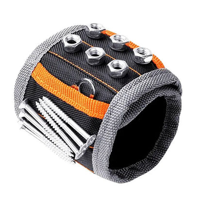 Black magnetic wristband with 15 grid pockets and Velcro strap, holding screws and a screwdriver.