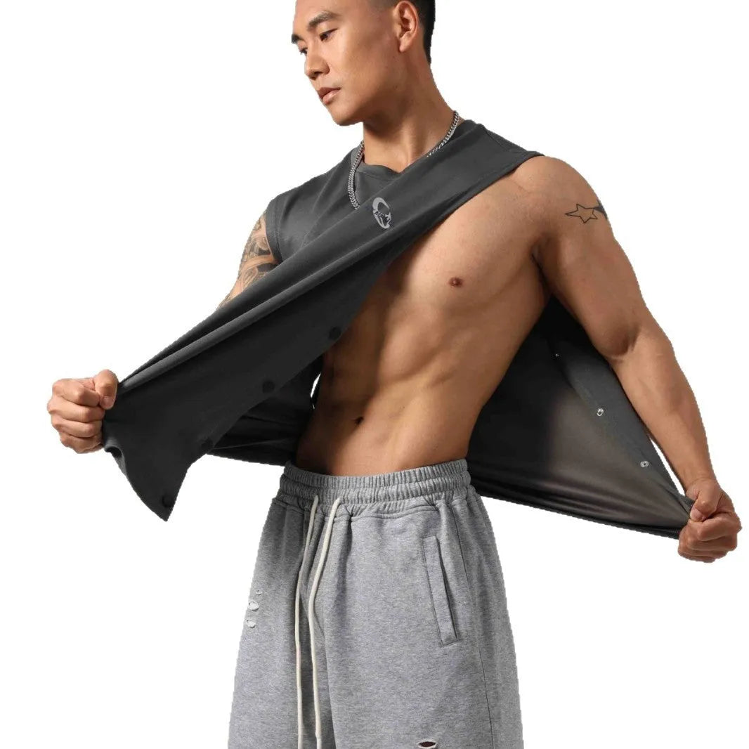 Men's loose black cotton fitness vest with hidden side hooks in Korean style.