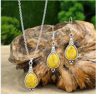 Retro Ethnic Style Alloy Earrings and Necklace Set with Elliptical Pendant