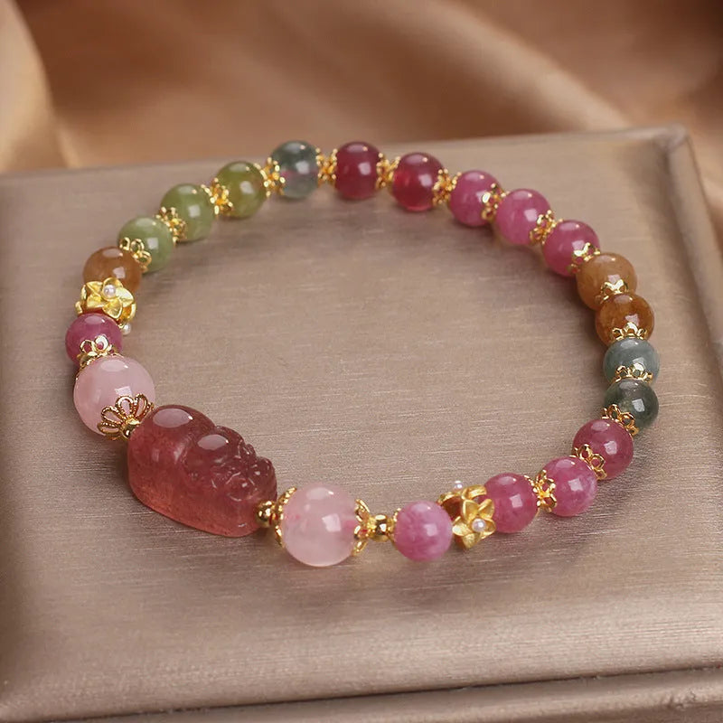 Candy colour tourmaline strawberry quartz pi xiu bracelet for women with 17cm adjustable purity and electroplating finish in pink or red crystal styles, designed for casual wear and spiritual protection jewellery accessories