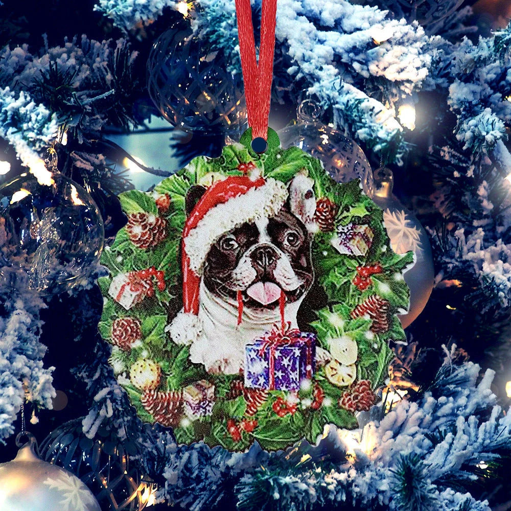 Hand-painted wooden Christmas ornament with geometric design and picture color