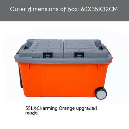 Large orange plastic storage box with black wheels and a pull-up handle, shown in a garage setting.
