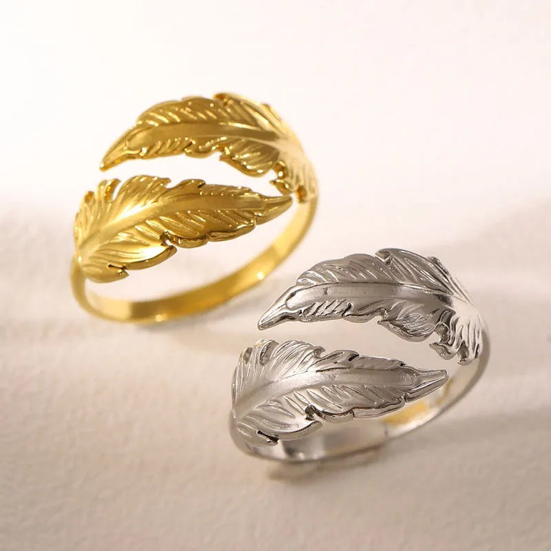 Women's adjustable stainless steel feather ring in gold or silver colour