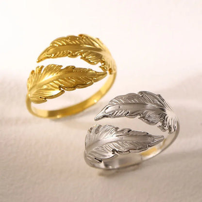 Women's adjustable stainless steel feather ring in gold or silver colour