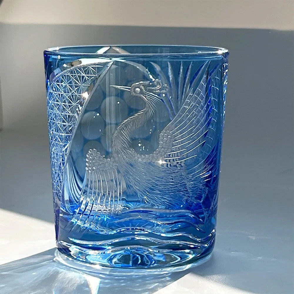 Sky blue hand carved crane water whiskey shot glass, crystal glass, 90 x 100mm, 301-400ml capacity