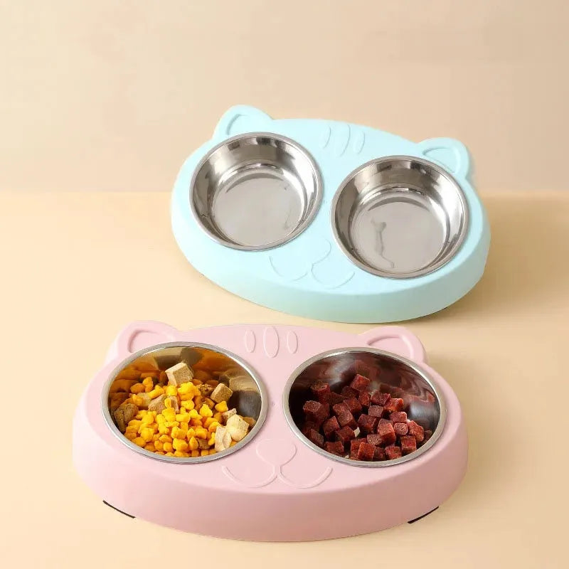 Blue plastic pet feeder tray with two adjacent bowls for cat or dog food and water