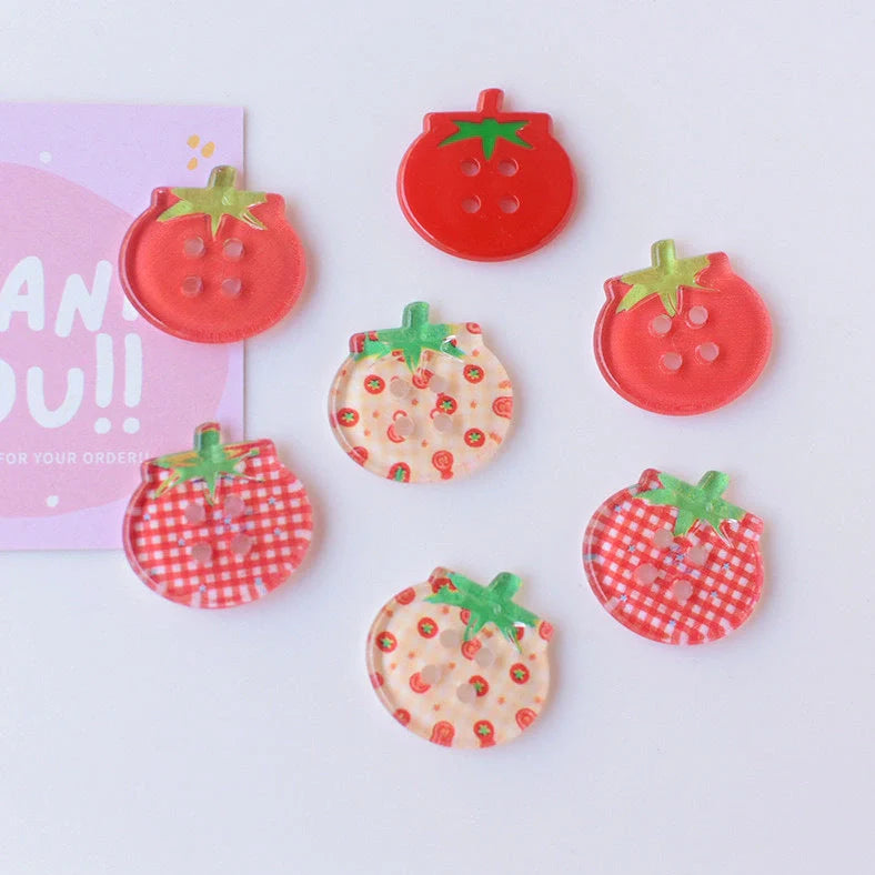 Tomato pattern buttons in five colours including cherry tomato printing and red plaid designs
