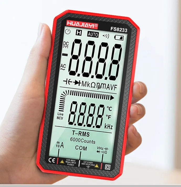Handheld large screen digital multimeter in black or red, showing dimensions.