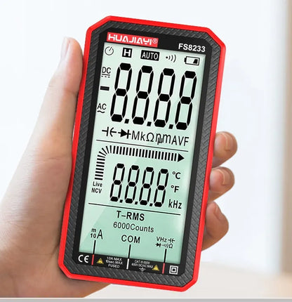 Handheld large screen digital multimeter in black or red, showing dimensions.