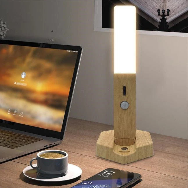 Geometric wooden night lamp measuring 20cm long with LED induction lighting and Nordic design