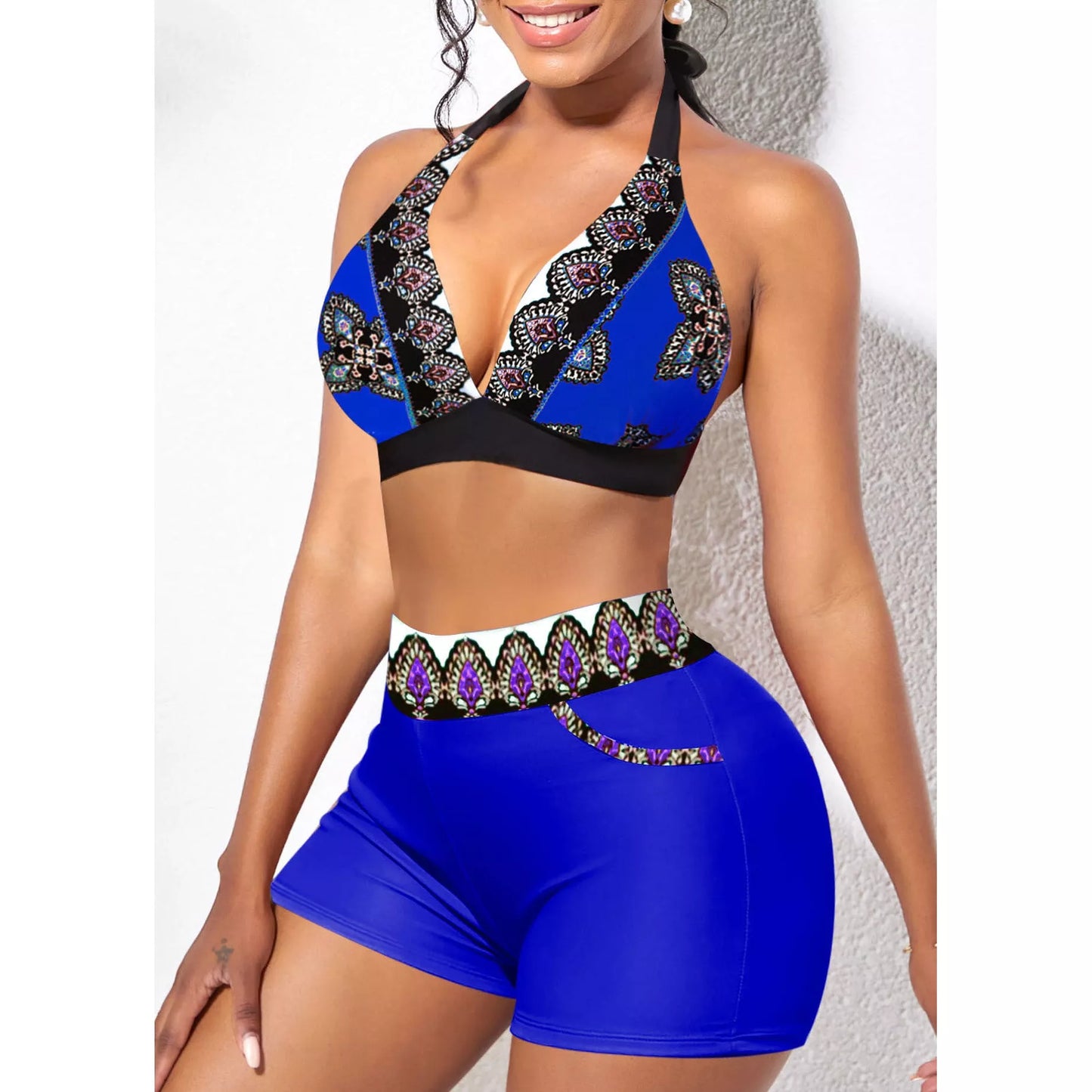 Women's adjustable halter cross bikini in blue and orange, quick-drying nylon fabric