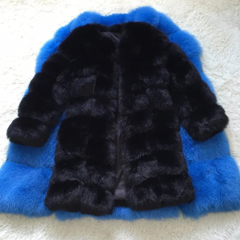 Women's thick warm fur coat in artificial fabric, 80cm length, available in five colours including black and apricot