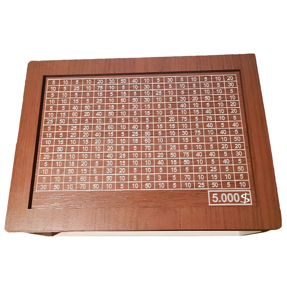 Wooden piggy bank with coin counter and side opening mechanism measuring 20cm