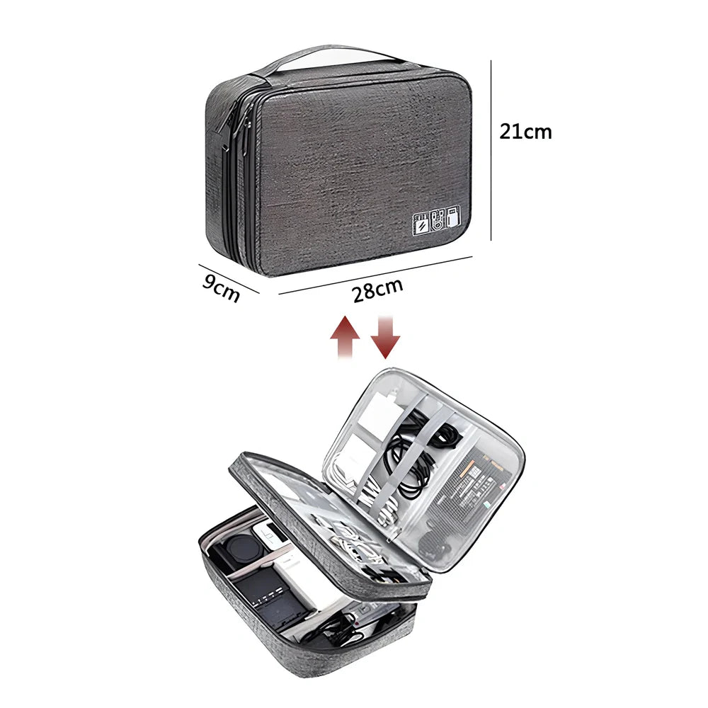 Gray waterproof electronics organiser bag open showing double-layer compartments with elastic loops and mesh pouches