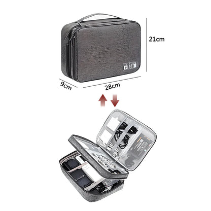 Gray waterproof electronics organiser bag open showing double-layer compartments with elastic loops and mesh pouches