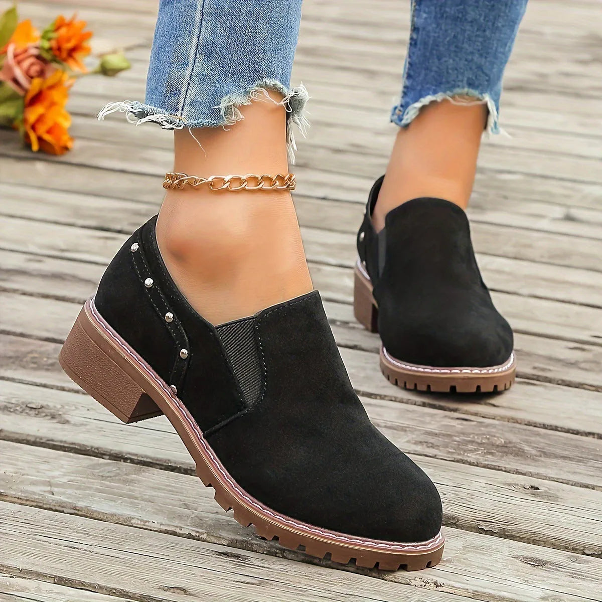 Light brown plus size women's suede ankle boots with a thick low heel and elastic band side closure.