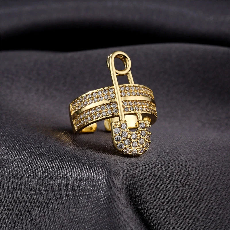 Adjustable zircon geometric ring with European-American style and copper construction