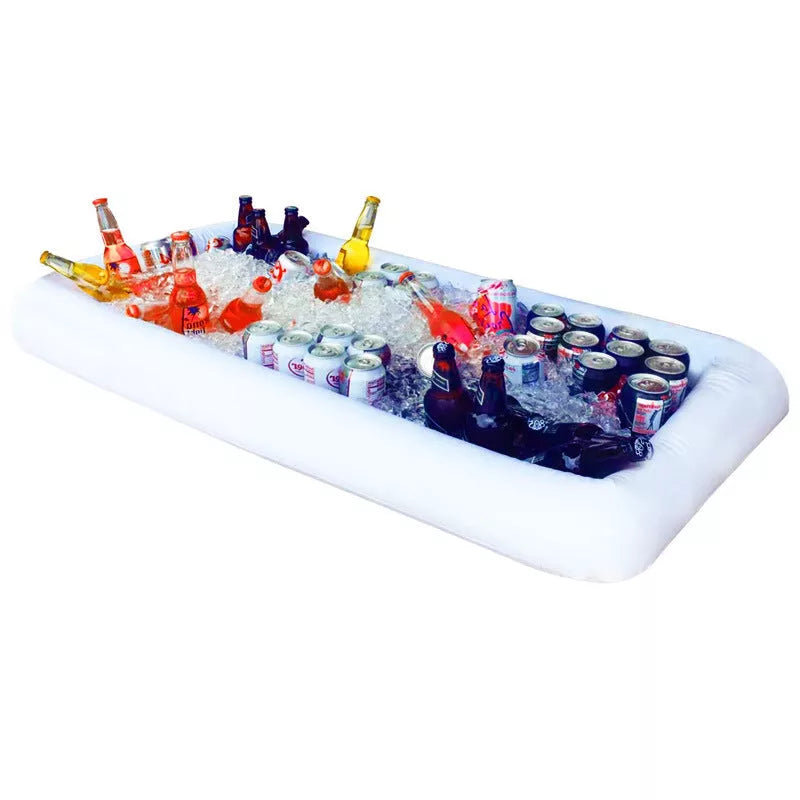 Inflatable rainbow cup holder floating in pool with beverage, made from environmentally friendly PVC