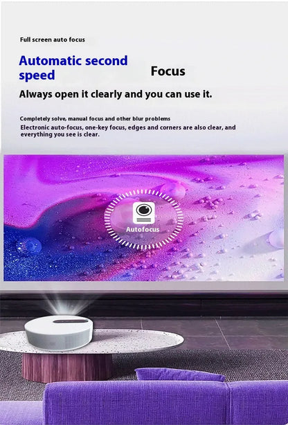White HD smart home cinema projector with remote control on a wooden surface.