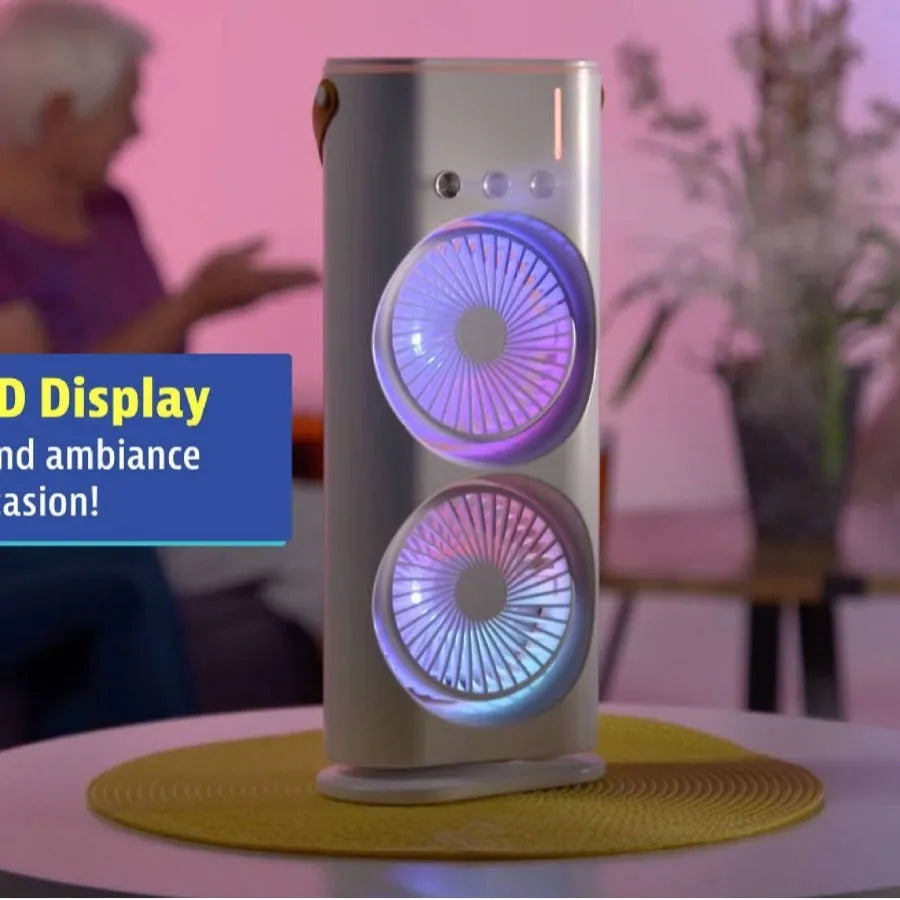 White portable humidifier fan with double heads and remote control on a table