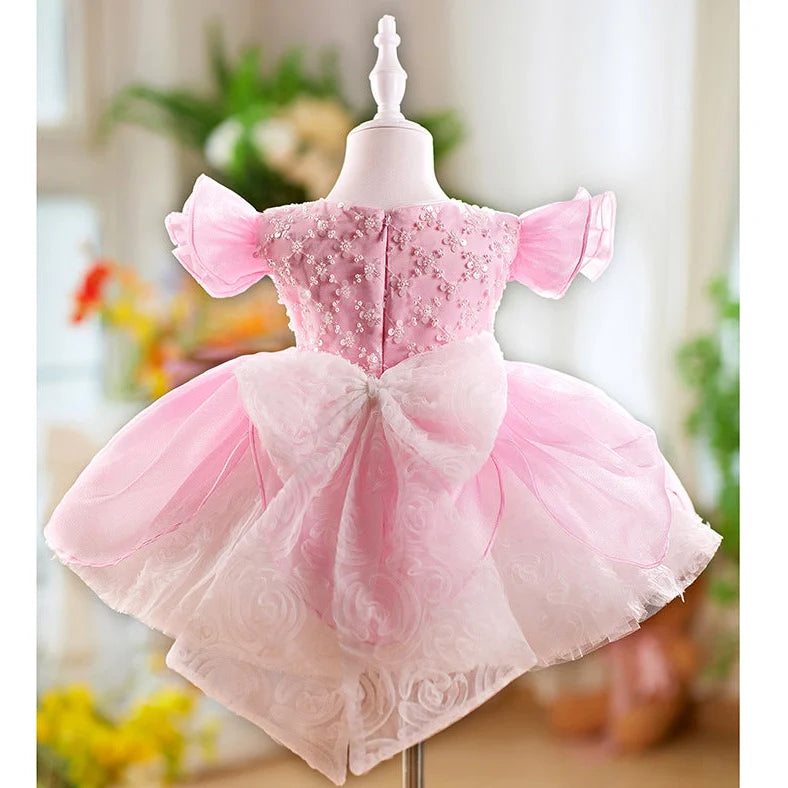 Children's pink flounced sleeve pettiskirt dress with princess styling for birthday parties