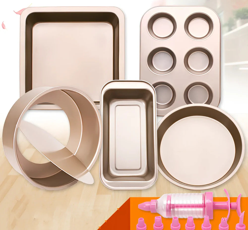 Baking tool set with 5 golden abrasive tools, cake tin, pizza tray, silicone brush and demoulding knife