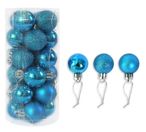 Assortment of 3cm diameter gold, red, silver, and blue barrel-shaped Christmas baubles with an electroplated finish.
