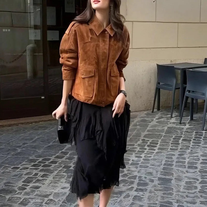 Women's suede coat in bright brown with regular sleeves, street-chic design, sizes S to 3XL